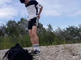 Cute twink Jon Arteen wears black Adidas outfit, shows his underwear, walks freeballing, convulsive off throught his snappy shorts, cumming outdoor asian gay sex videos viral